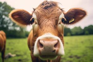 Close - up view of a cow grazing peacefully in a green pasture. photo