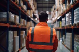 The expertise and supervision of a warehouse manager with a back view shot of a specialist working inside a storage facility. Generative AI photo