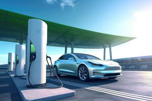 The vision of a sustainable future with a close - up shot of a wind turbine and an electric vehicle car charging. Generative AI photo