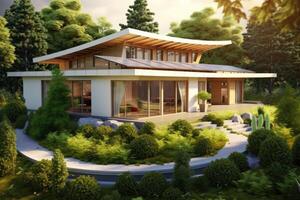 Eco - friendly house with a modern design and a strong emphasis on sustainability. 3D render. Generative AI photo