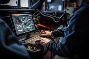 The skilled work of an automotive mechanical technician by capturing a close - up view of computer diagnostics in a garage. Generative AI photo