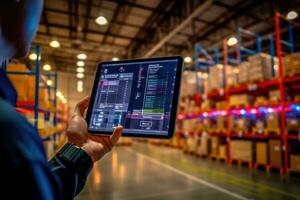 The efficiency and technology of a smart warehouse with a close - up shot of a manager using a digital tablet. Generative AI photo