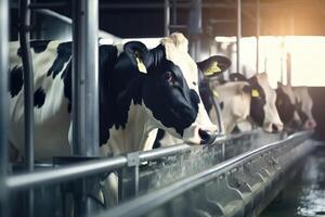 A close-up view of cows during the milking process. Generative AI photo