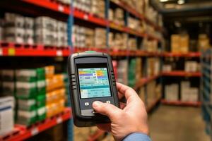 The efficiency and technology of a smart warehouse with a close - up shot of a manager using a digital tablet. Generative AI photo