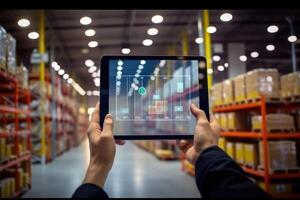 The efficiency and technology of a smart warehouse with a close - up shot of a manager using a digital tablet. Generative AI photo