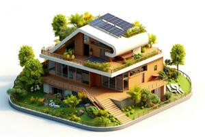 Eco - friendly house with a modern design and a strong emphasis on sustainability. 3D render. Generative AI photo