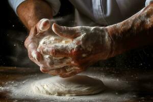 The baker's hands dusting flour on raw dough. Generative AI photo