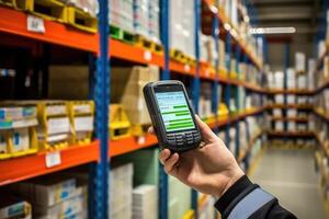 The efficiency and technology of a smart warehouse with a close - up shot of a manager using a digital tablet. Generative AI photo