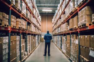 The expertise and supervision of a warehouse manager with a back view shot of a specialist working inside a storage facility. photo
