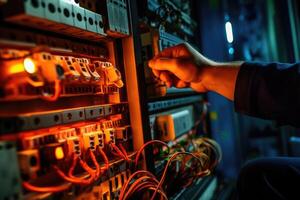 An engineer repairs a control panel with complex electrical wiring. photo