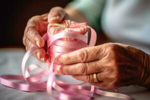 An intimate close - up shot of a grandmother's hands tying a birthday ribbon on a gift. Generative AI photo