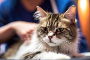 The joy and relaxation of a pampered cat as a groomer gently brushes its fur at a grooming salon. photo