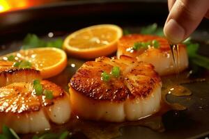 A gourmet chef as he carefully plates a dish of seared scallops with a vibrant citrus sauce. Generative AI photo