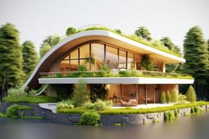 Eco - friendly house with a modern design and a strong emphasis on sustainability. 3D render. Generative AI photo