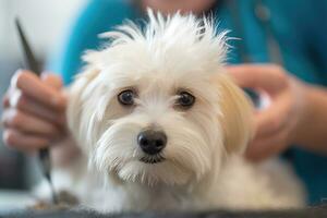 Professional pet groomer as she delicately trims the fur of a fluffy dog at a grooming salon. Generative AI photo