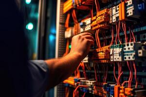 An engineer repairs a control panel with complex electrical wiring. photo