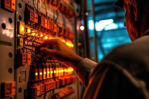 An engineer repairs a control panel with complex electrical wiring. Generative AI photo