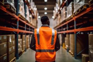 The expertise and supervision of a warehouse manager with a back view shot of a specialist working inside a storage facility. Generative AI photo