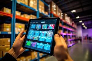 The efficiency and technology of a smart warehouse with a close - up shot of a manager using a digital tablet. Generative AI photo