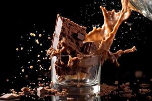 A close - up shot of a spoonful of chocolate syrup being drizzled into a glass of milk, creating a swirl of chocolate in the air. photo