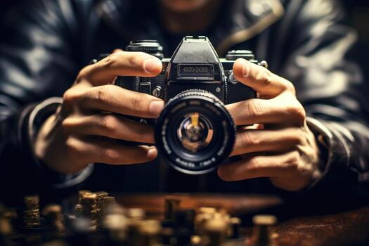 Close - up view of a professional photographer's hands, showcasing the intricate controls and settings of a camera. photo
