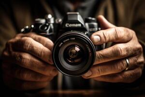 Close - up view of a professional photographer's hands, showcasing the intricate controls and settings of a camera. photo