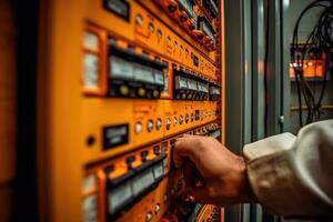 An engineer repairs a control panel with complex electrical wiring. Generative AI photo