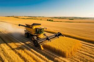 Modern industrial combine harvester working its way through vast wheat fields.  Generative AI photo