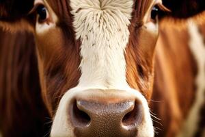 Close - up view of a cow grazing peacefully in a green pasture. photo