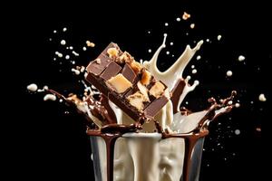 A close - up shot of a spoonful of chocolate syrup being drizzled into a glass of milk, creating a swirl of chocolate in the air. photo