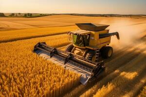 Modern industrial combine harvester working its way through vast wheat fields.  Generative AI photo