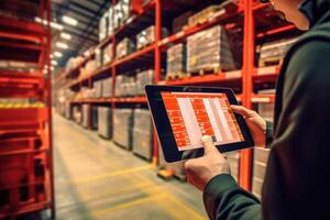 The efficiency and technology of a smart warehouse with a close - up shot of a manager using a digital tablet. Generative AI photo