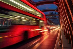 cerca - arriba disparo, encanto de Londres a noche como un rojo doble - decker autobús graciosamente cruces generativo ai foto