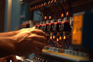 An engineer repairs a control panel with complex electrical wiring. photo