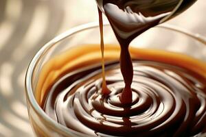 A close - up shot of a spoonful of chocolate syrup being drizzled into a glass of milk, creating a swirl of chocolate in the air. Generative AI photo