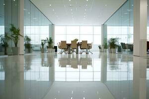 The blurred photo of the white office interior. Generative AI