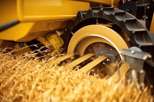 Modern industrial combine harvester working its way through vast wheat fields. photo