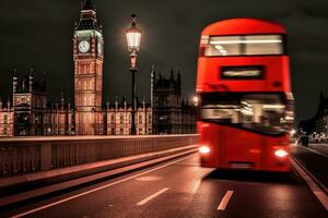Close - up shot, charm of London at night as a red double - decker bus gracefully crosses. Generative AI photo