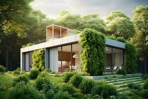 Eco - friendly house with a modern design and a strong emphasis on sustainability. 3D render. Generative AI photo