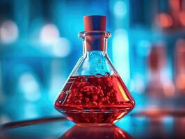 un cerca - arriba foto de un azul vaso matraz frasco lleno con un brillante rojo químico solución. generativo ai