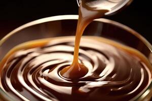 A close - up shot of a spoonful of chocolate syrup being drizzled into a glass of milk, creating a swirl of chocolate in the air. photo