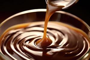 A close - up shot of a spoonful of chocolate syrup being drizzled into a glass of milk, creating a swirl of chocolate in the air. Generative AI photo