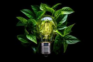 Close - up photo, the concept of renewable energy and sustainable living through the depiction of an eco - friendly lightbulb made from fresh leaves. Generative AI photo