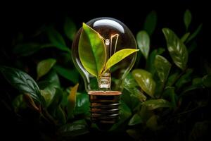 Close - up photo, the concept of renewable energy and sustainable living through the depiction of an eco - friendly lightbulb made from fresh leaves. Generative AI photo