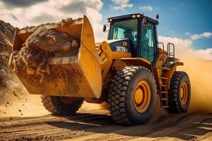 Power of a wheel loader in action at a quarry or construction site. photo