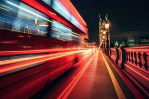 Close - up shot, charm of London at night as a red double - decker bus gracefully crosses. Generative AI photo