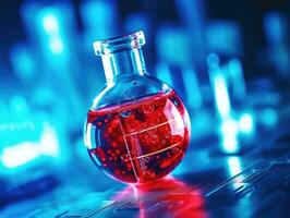 A close - up photo of a blue glass flask vial filled with a bright red chemical solution. Generative AI