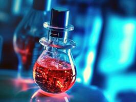 A close - up photo of a blue glass flask vial filled with a bright red chemical solution.