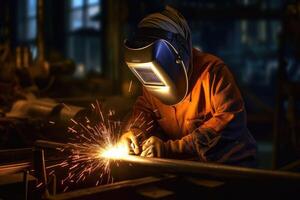 Welding workshop. Close - up shot of a welder wearing protective gear, with sparks flying in the air. Generative AI photo