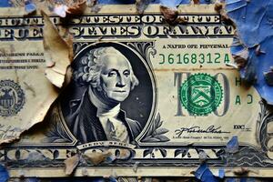 un cerca - arriba fotografía simbolizando el global financiero crisis. el imagen se enfoca en un apilar de estropeado dólar facturas, simbolizando el devaluación de divisa. generativo ai foto